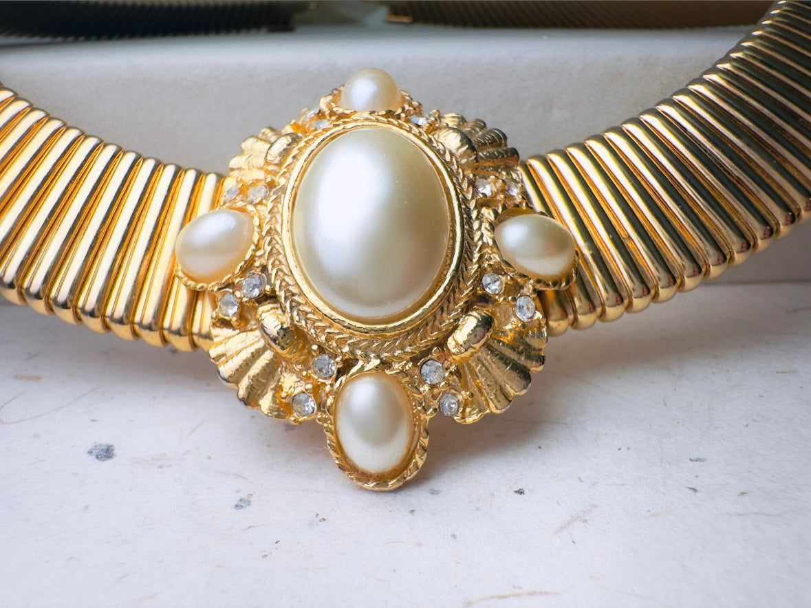 Vintage Gold Choker Necklace with Pearl Cameo Focal, Striking Chunky Gold Victorian Revival Omega Collar Necklace