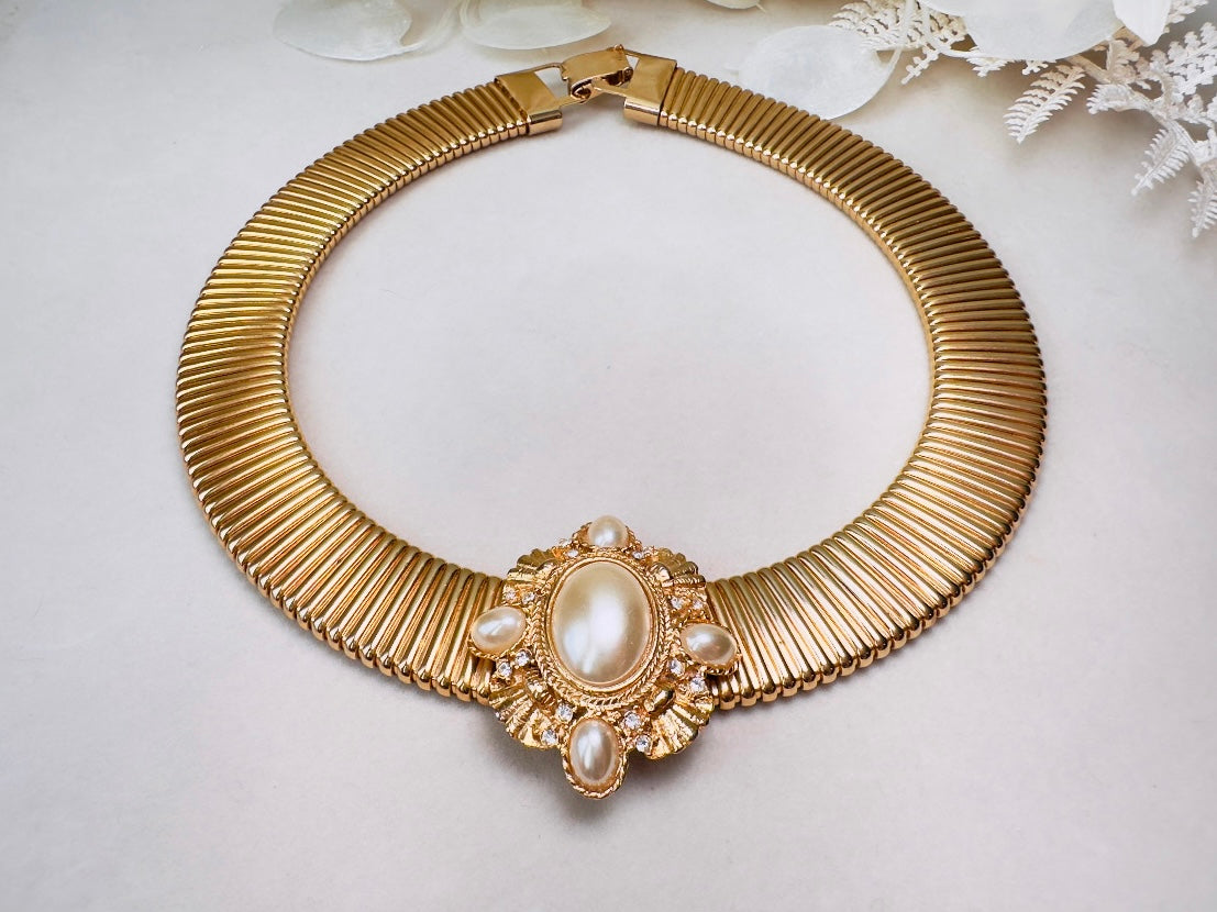 Vintage Gold Choker Necklace with Pearl Cameo Focal, Striking Chunky Gold Victorian Revival Omega Collar Necklace