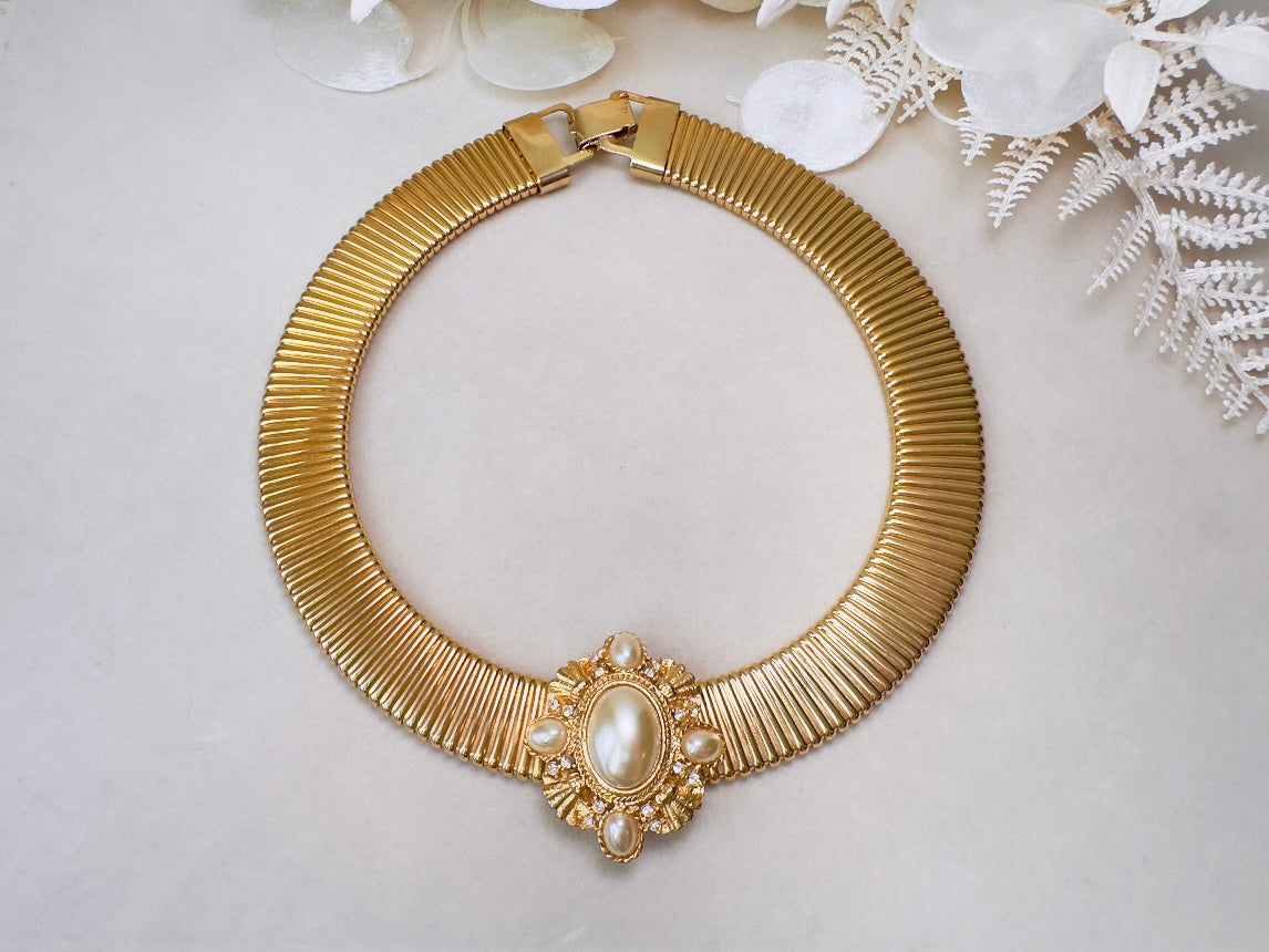 Vintage Gold Choker Necklace with Pearl Cameo Focal, Striking Chunky Gold Victorian Revival Omega Collar Necklace