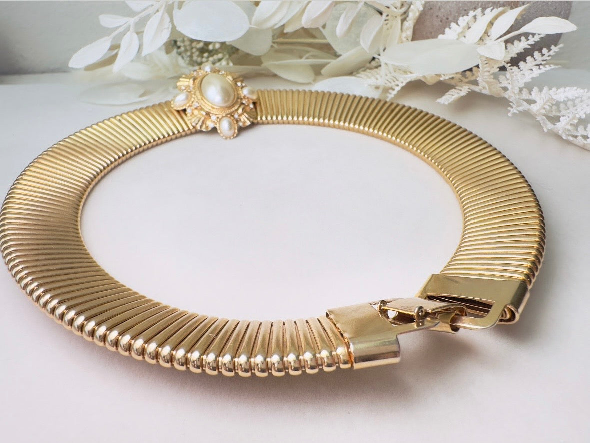Vintage Gold Choker Necklace with Pearl Cameo Focal, Striking Chunky Gold Victorian Revival Omega Collar Necklace