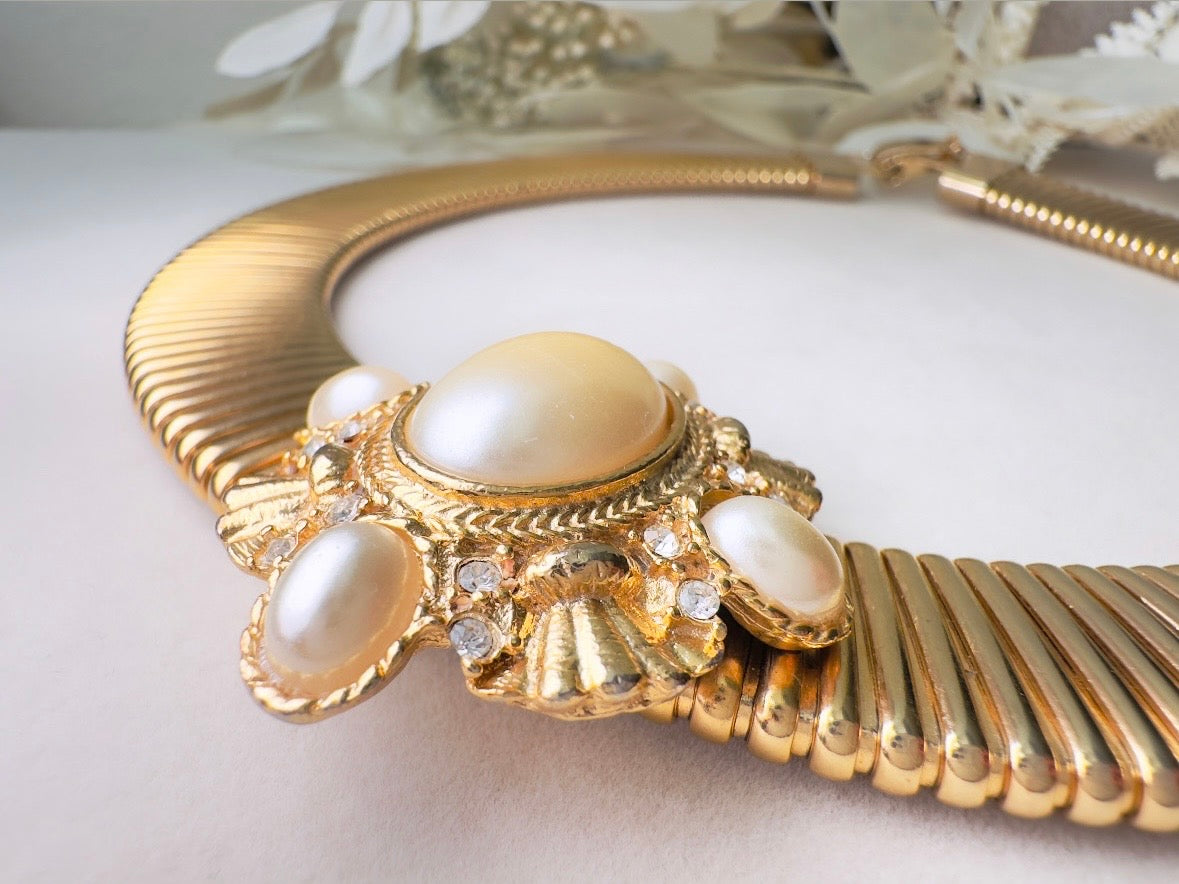 Vintage Gold Choker Necklace with Pearl Cameo Focal, Striking Chunky Gold Victorian Revival Omega Collar Necklace