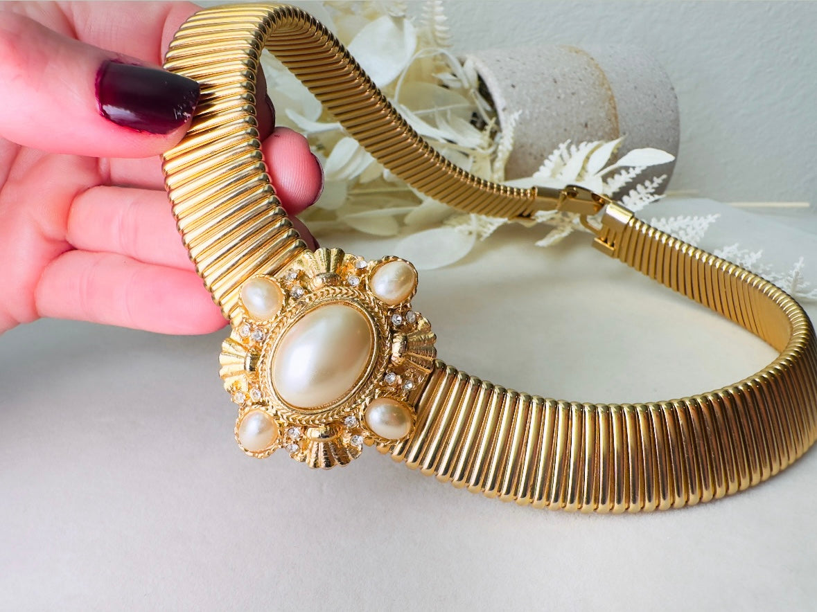 Vintage Gold Choker Necklace with Pearl Cameo Focal, Striking Chunky Gold Victorian Revival Omega Collar Necklace