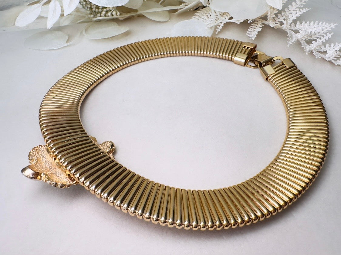Vintage Gold Choker Necklace with Pearl Cameo Focal, Striking Chunky Gold Victorian Revival Omega Collar Necklace