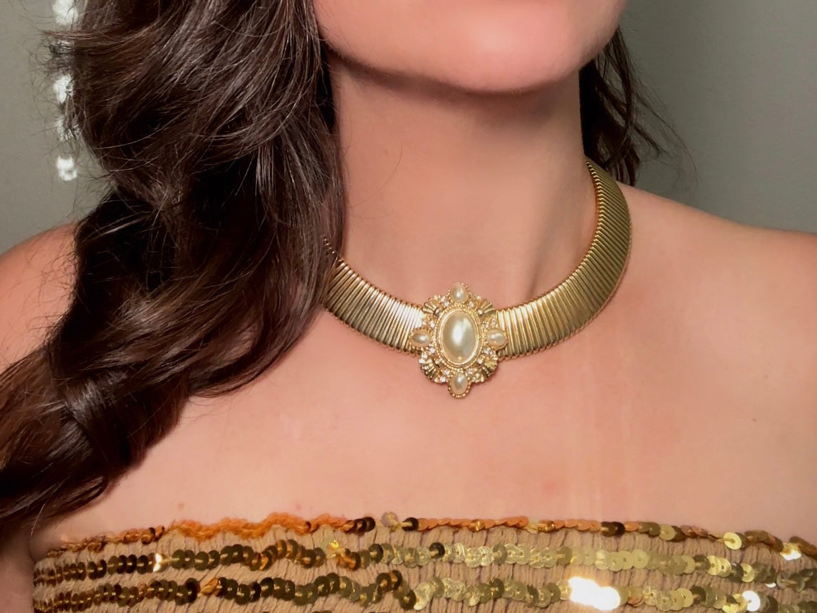 Vintage Gold Choker Necklace with Pearl Cameo Focal, Striking Chunky Gold Victorian Revival Omega Collar Necklace