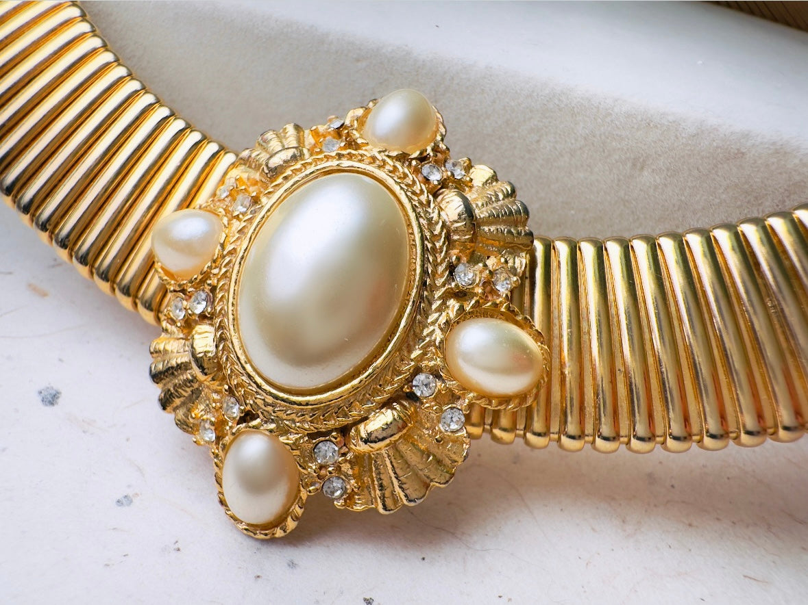 Vintage Gold Choker Necklace with Pearl Cameo Focal, Striking Chunky Gold Victorian Revival Omega Collar Necklace