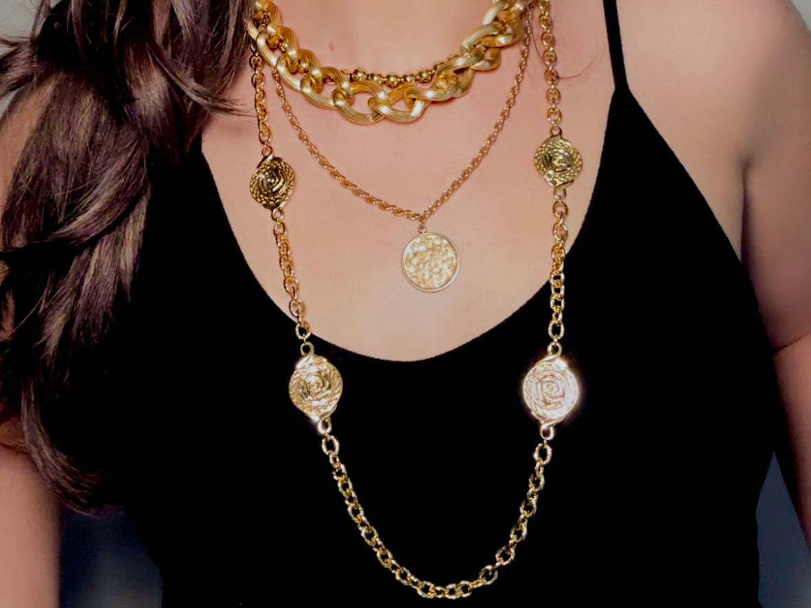 Vintage Gold Coin Necklace, Liz Claiborne Rose Flower Medallion Station Chain Necklace paired with others