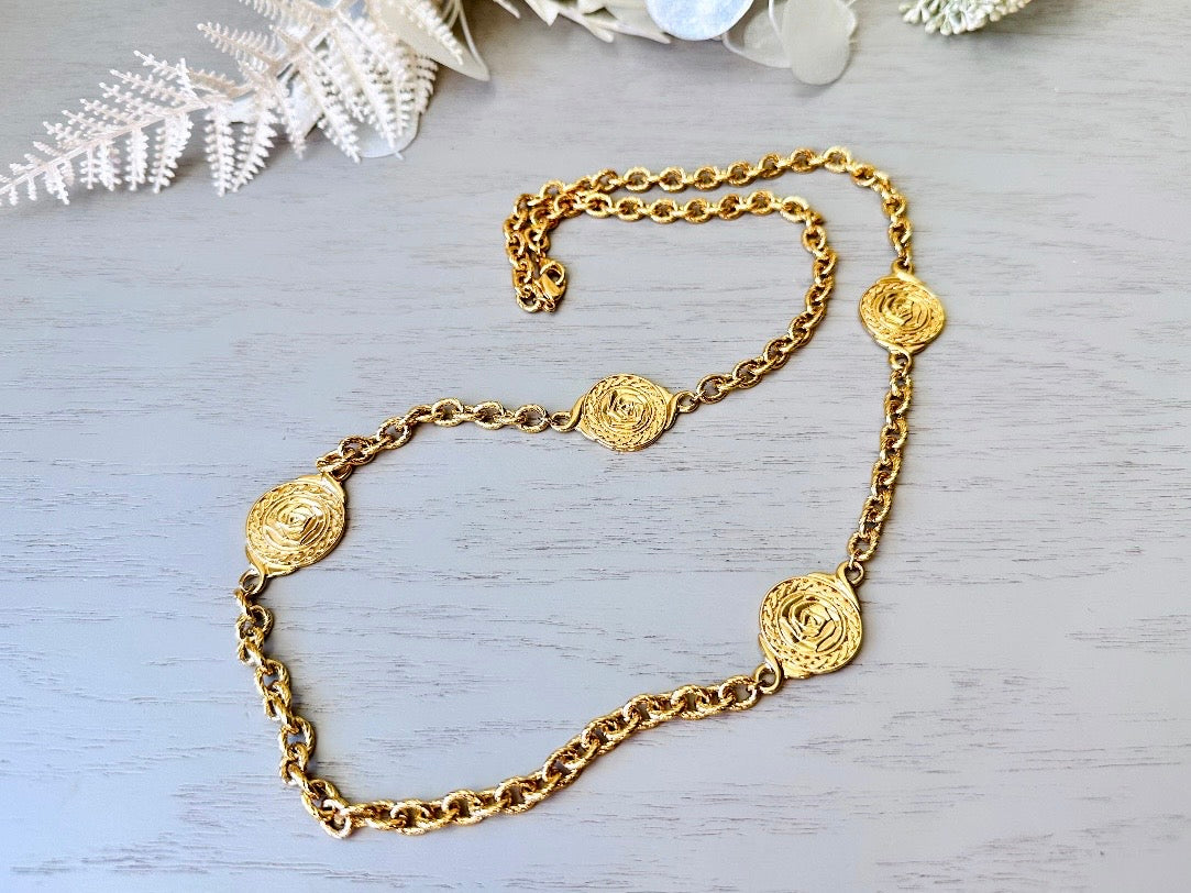 Vintage Gold Coin Necklace, Liz Claiborne Rose Flower Medallion Station Chain Necklace