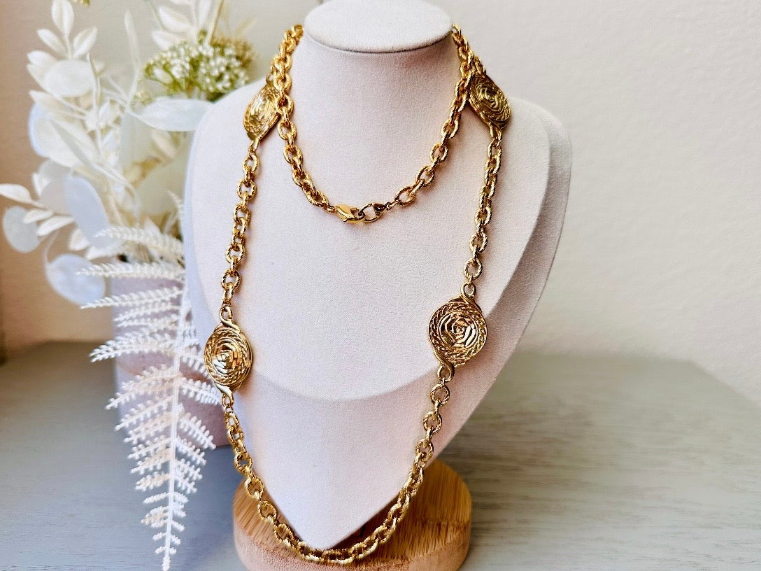 on bust Vintage Gold Coin Necklace, Liz Claiborne Rose Flower Medallion Station Chain Necklace 1980s