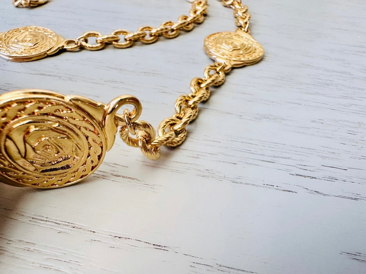 Vintage Gold Coin Necklace, Liz Claiborne Rose Flower Medallion Station Chain Necklace 1980s from Piggle and Pop 1