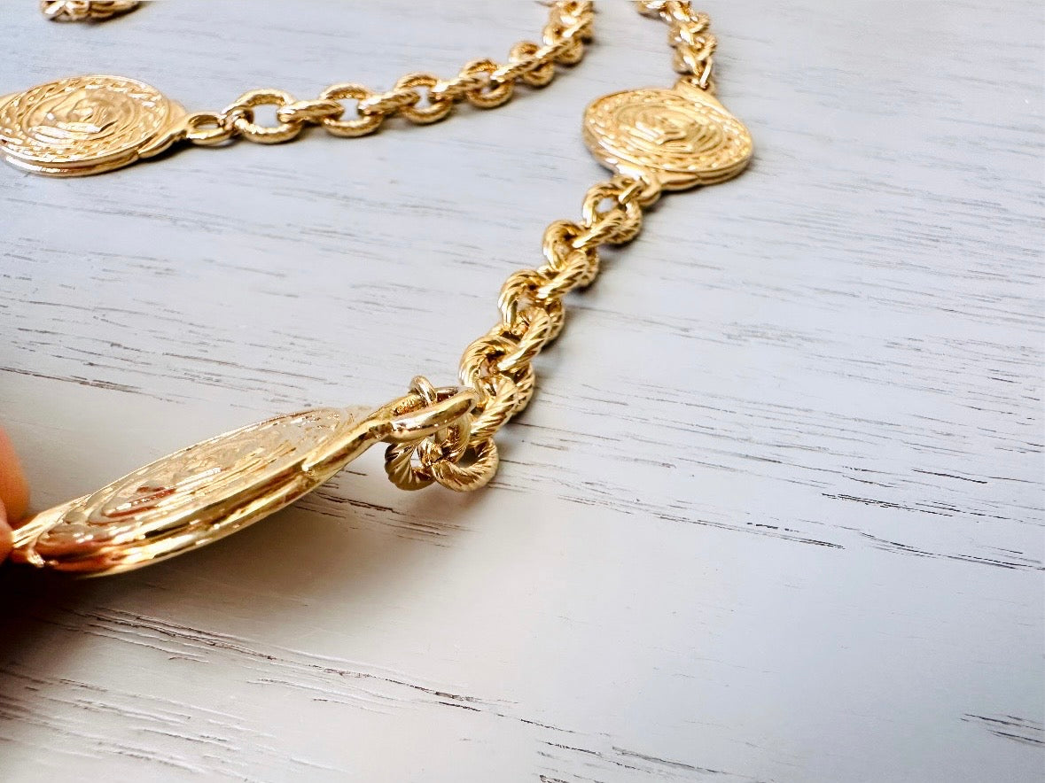 close up Vintage Gold Coin Necklace, Liz Claiborne Rose Flower Medallion Station Chain Necklace