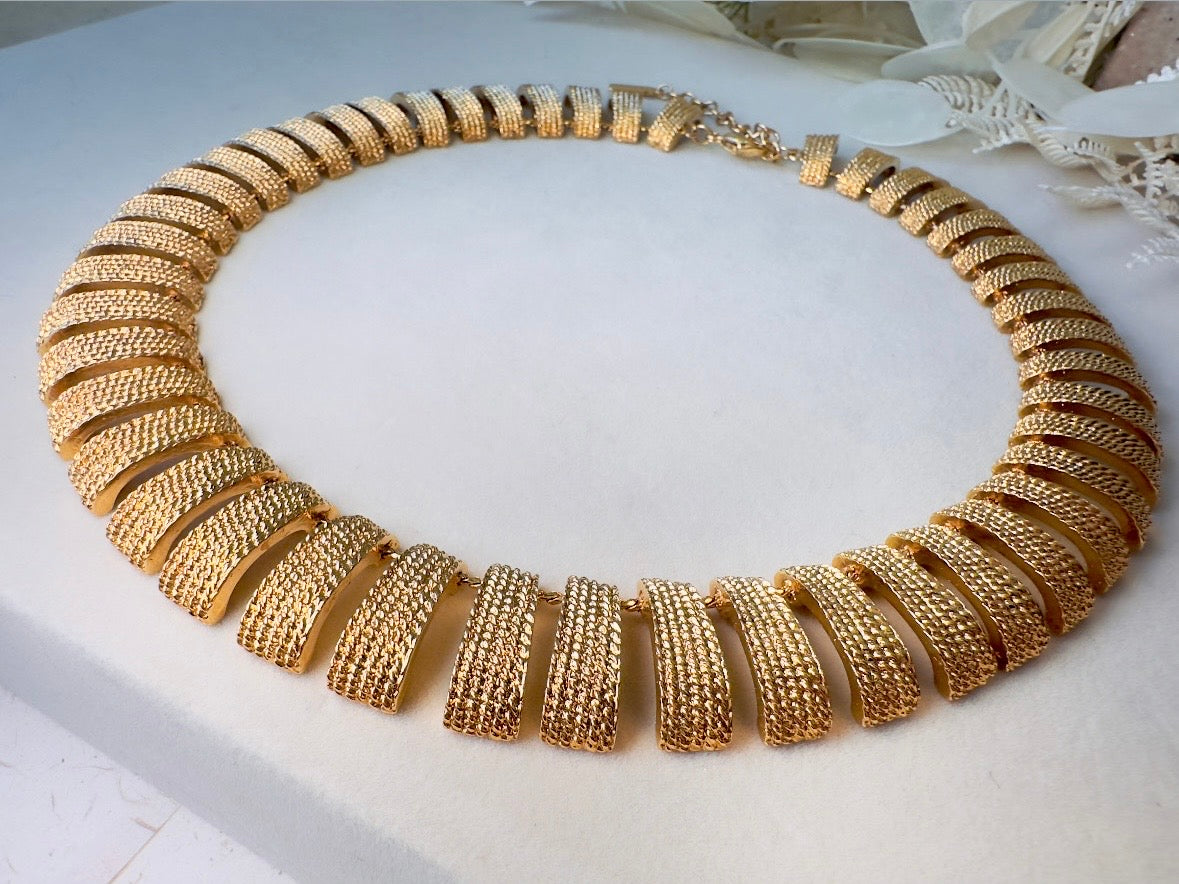 Vintage Gold Collar Necklace, Signed Napier Textured Gold Cleopatra Style Necklace, Designer 80s Articulated Gold Bar Choker Necklace