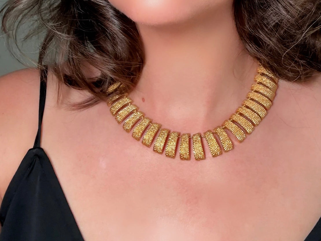 Vintage Gold Collar Necklace, Signed Napier Textured Gold Cleopatra Style Necklace, Designer 80s Articulated Gold Bar Choker Necklace