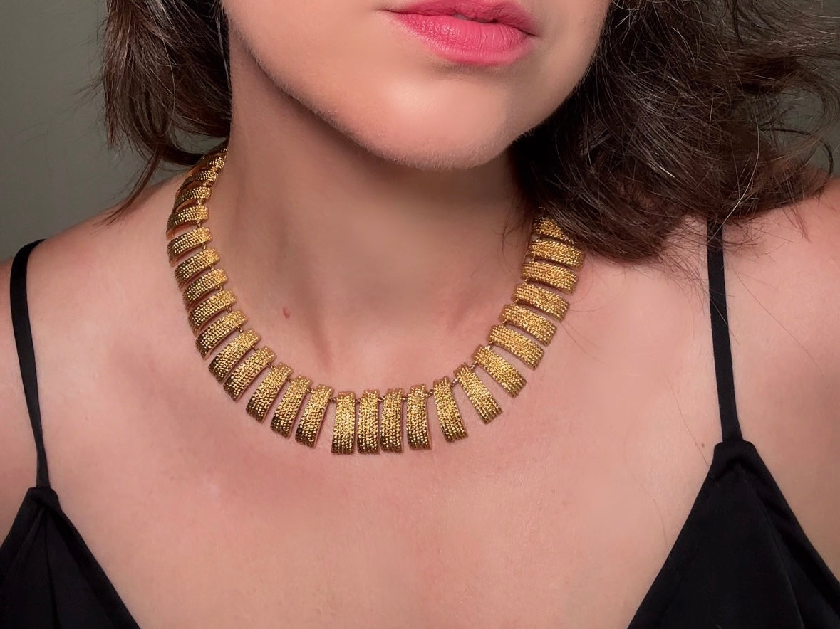 Vintage Gold Collar Necklace, Signed Napier Textured Gold Cleopatra Style Necklace, Designer 80s Articulated Gold Bar Choker Necklace