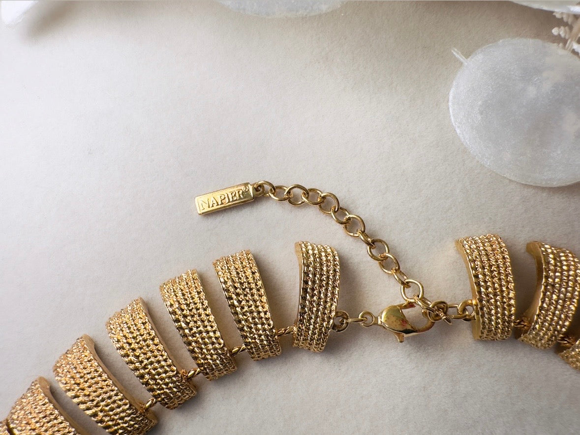 Vintage Gold Collar Necklace, Signed Napier Textured Gold Cleopatra Style Necklace, Designer 80s Articulated Gold Bar Choker Necklace