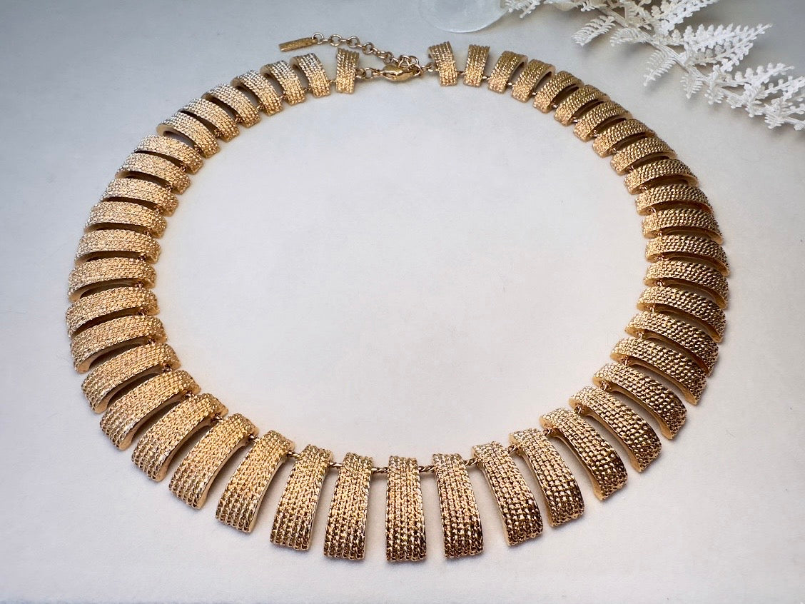 Vintage Gold Collar Necklace, Signed Napier Textured Gold Cleopatra Style Necklace, Designer 80s Articulated Gold Bar Choker Necklace