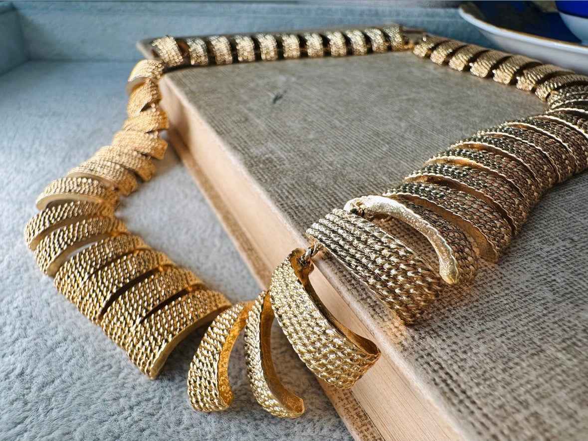 Vintage Gold Collar Necklace, Signed Napier Textured Gold Cleopatra Style Necklace, Designer 80s Articulated Gold Bar Choker Necklace