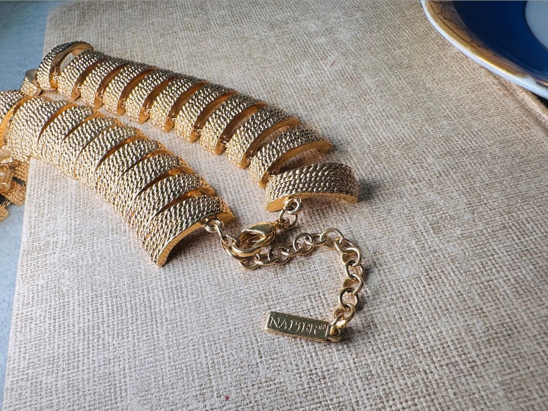 Vintage Gold Collar Necklace, Signed Napier Textured Gold Cleopatra Style Necklace, Designer 80s Articulated Gold Bar Choker Necklace