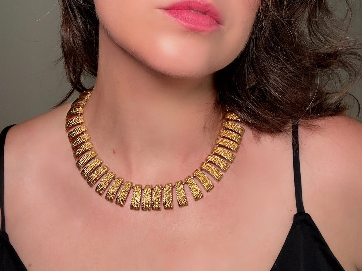 Vintage Gold Collar Necklace, Signed Napier Textured Gold Cleopatra Style Necklace, Designer 80s Articulated Gold Bar Choker Necklace