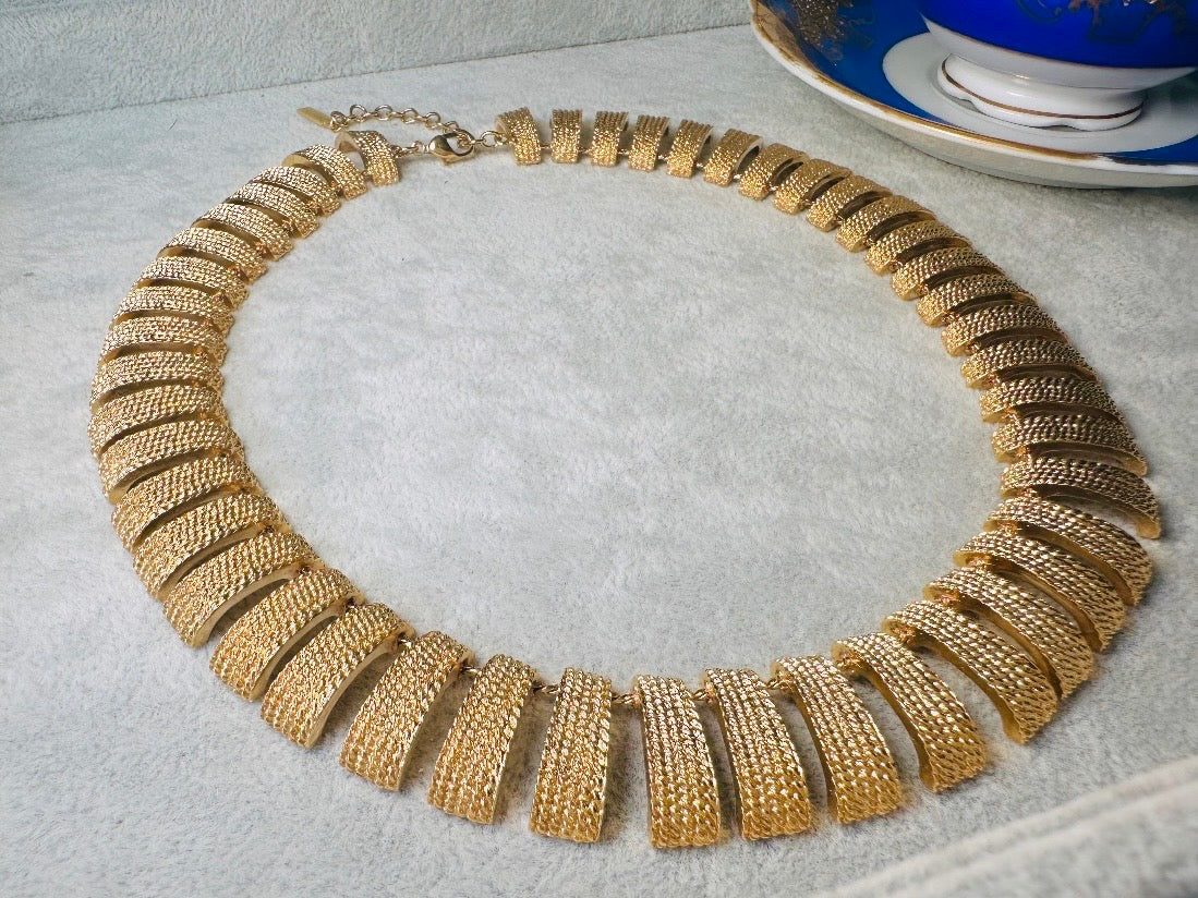 Vintage Gold Collar Necklace, Signed Napier Textured Gold Cleopatra Style Necklace, Designer 80s Articulated Gold Bar Choker Necklace