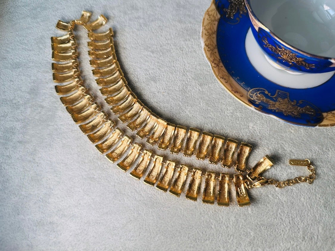Vintage Gold Collar Necklace, Signed Napier Textured Gold Cleopatra Style Necklace, Designer 80s Articulated Gold Bar Choker Necklace
