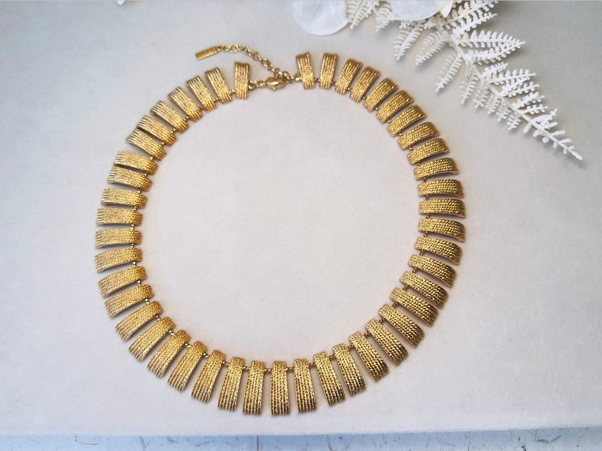 Vintage Gold Collar Necklace, Signed Napier Textured Gold Cleopatra Style Necklace, Designer 80s Articulated Gold Bar Choker Necklace