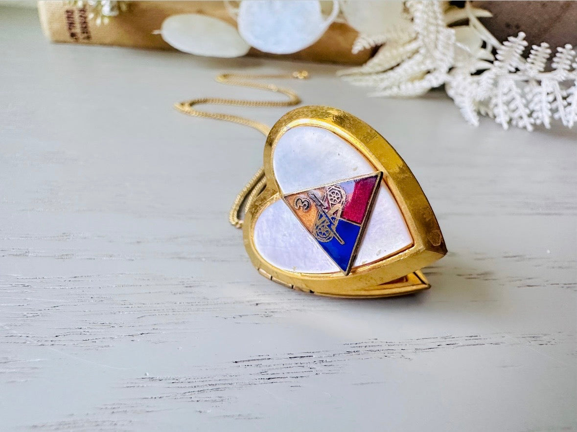 Vintage Gold Heart Locket Necklace, Mother of Pearl US Military Triangle And MOP