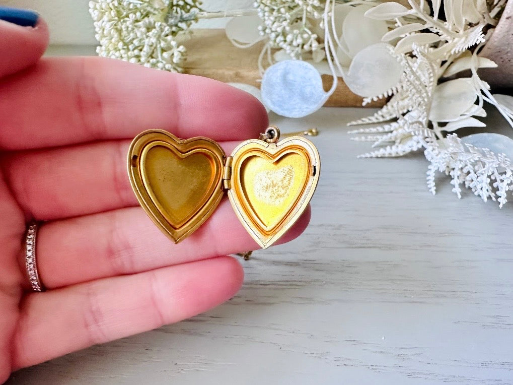 Vintage Gold Heart Locket Necklace, Mother of Pearl US Military Triangle And MOP from Piggle and Pop opened 
