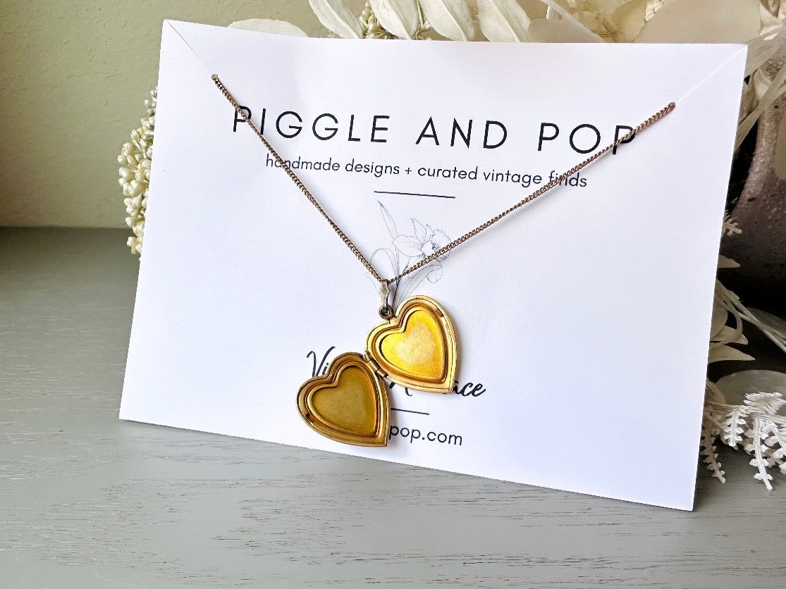 Vintage Gold Heart Locket Necklace, Mother of Pearl US Military Triangle And MOP from Piggle and Pop on necklace card