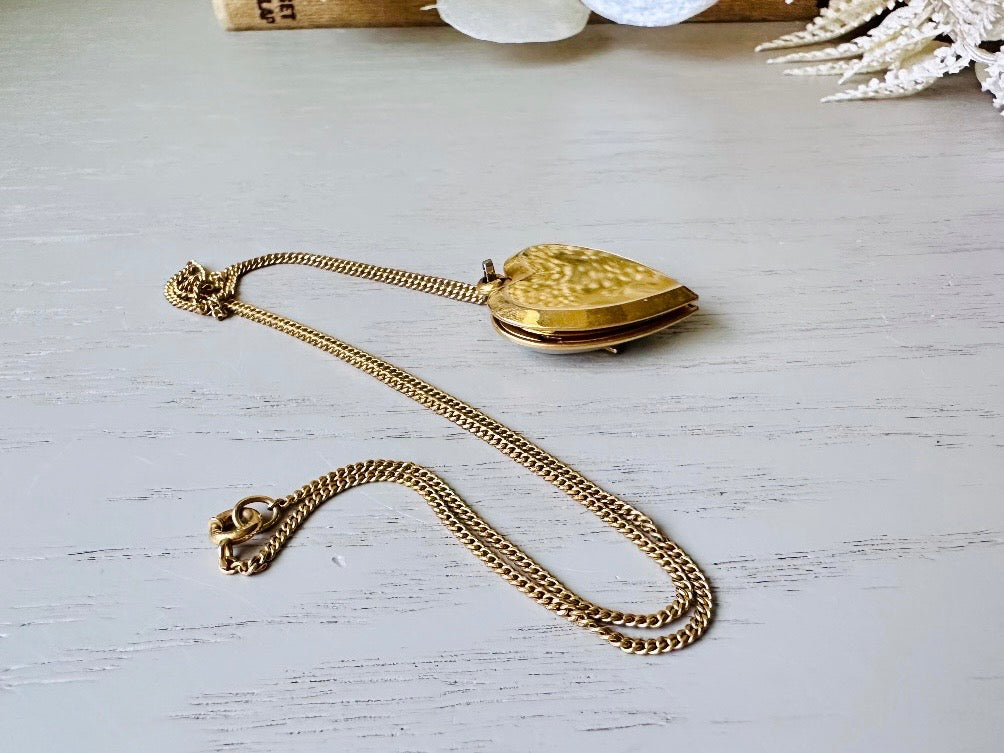 Vintage Gold Heart Locket Necklace, Mother of Pearl US Military Triangle And MOP from Piggle and Pop view of back 