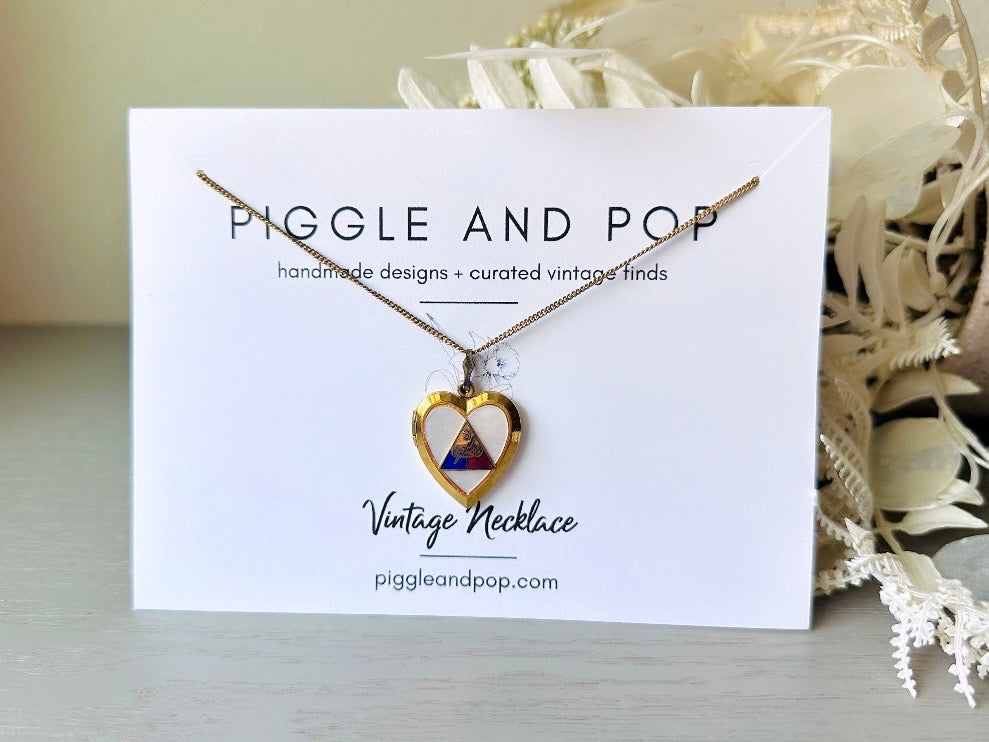 Vintage Gold Heart Locket Necklace, Mother of Pearl US Military Triangle And MOP from Piggle and Pop cards