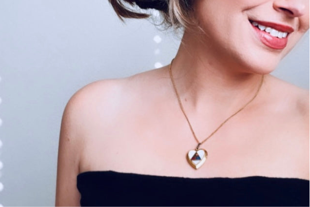 Vintage Gold Heart Locket Necklace, Mother of Pearl US Military Triangle And MOP from Piggle and Pop top view worn by Bethan Jayne