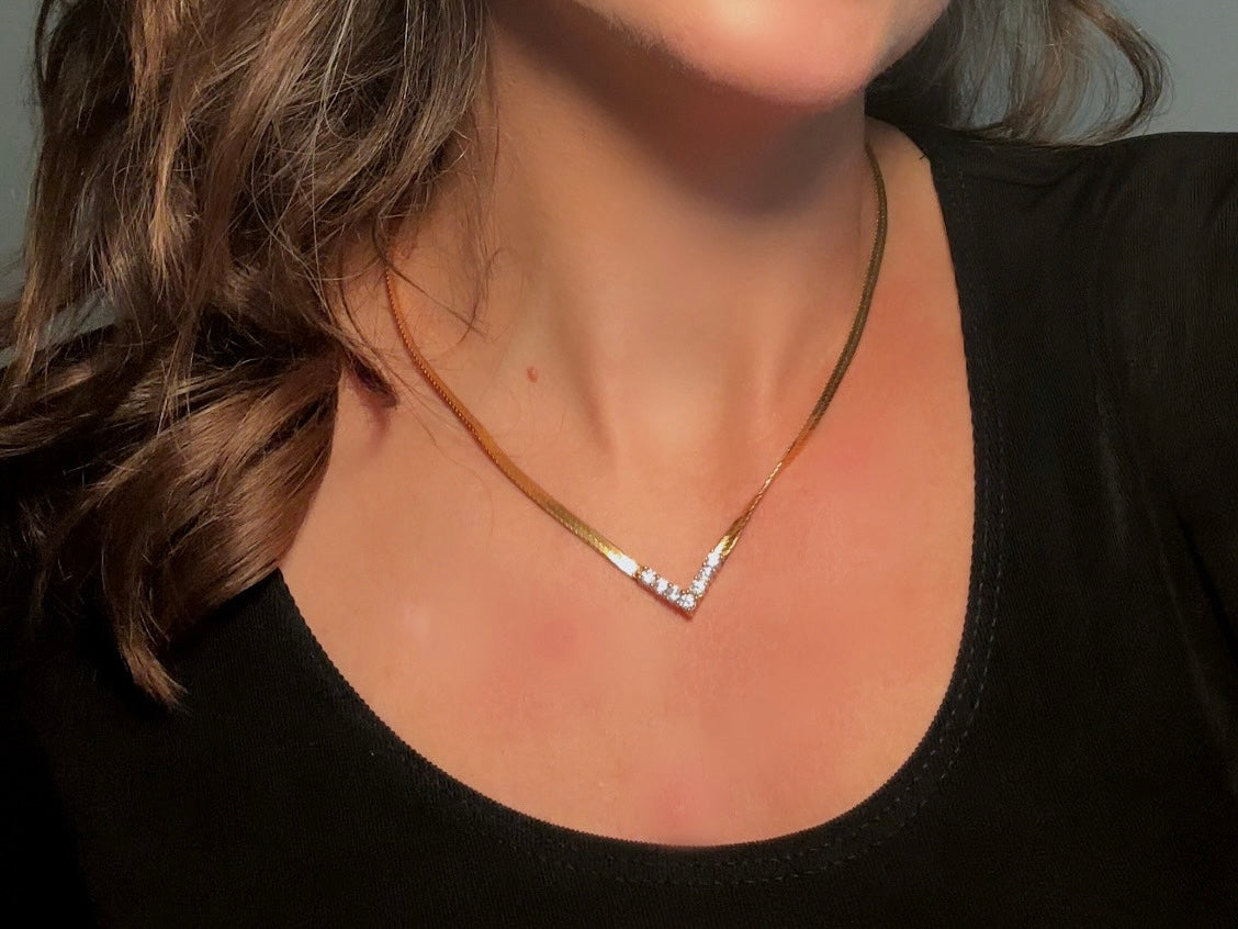 Vintage Gold Herringbone Chain Necklace with Rhinestone Chevron Bar Pendant