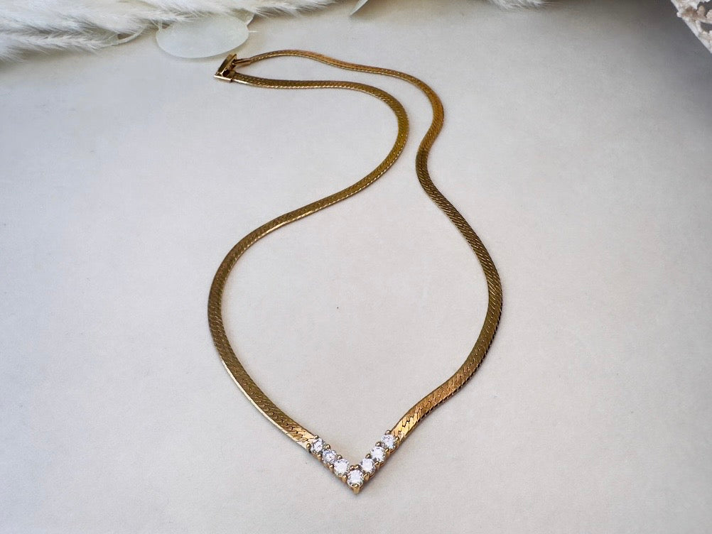 Vintage Gold Herringbone Chain Necklace with Rhinestone Chevron Bar Pendant