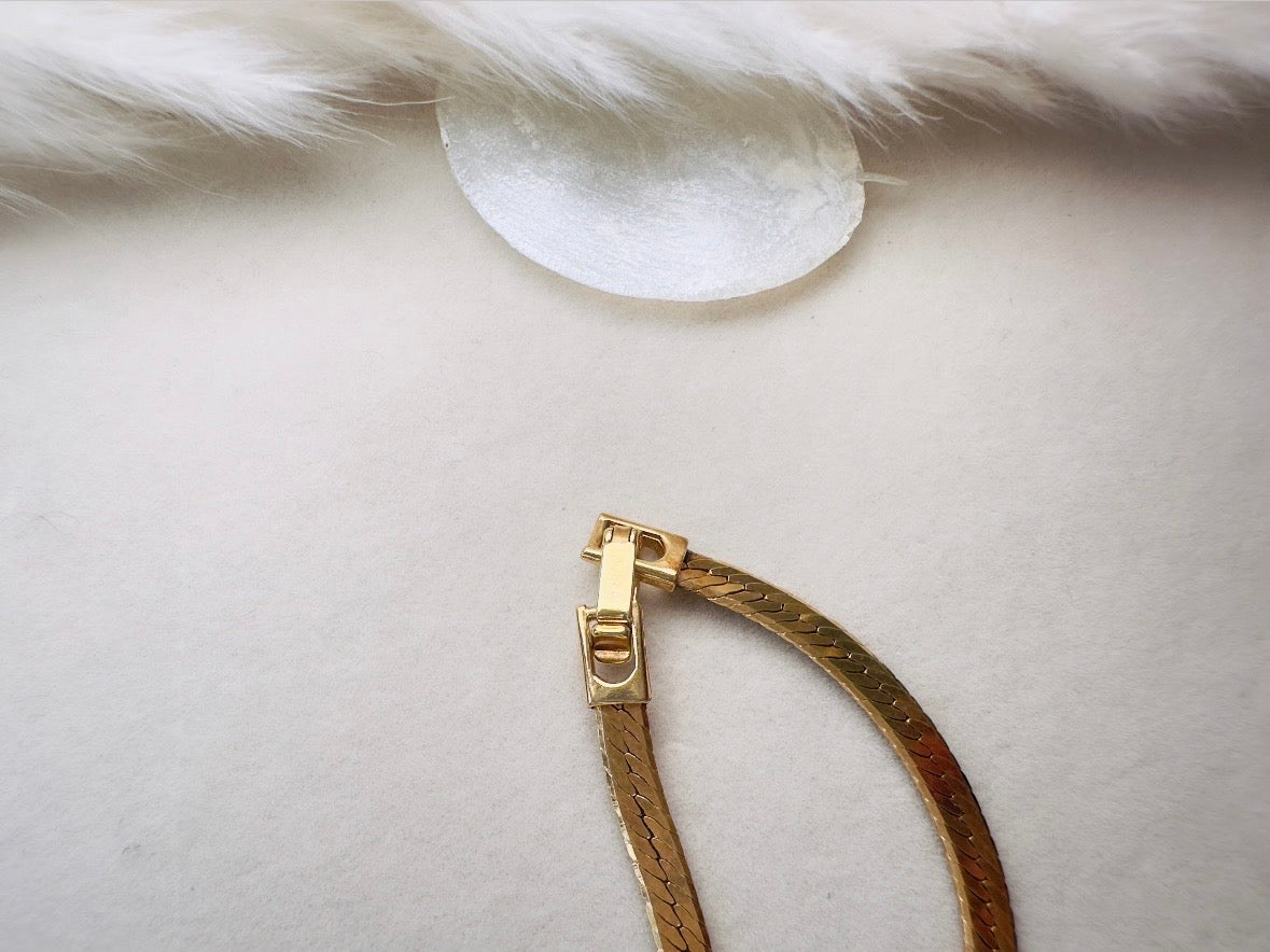 Vintage Gold Herringbone Chain Necklace with Rhinestone Chevron Bar Pendant