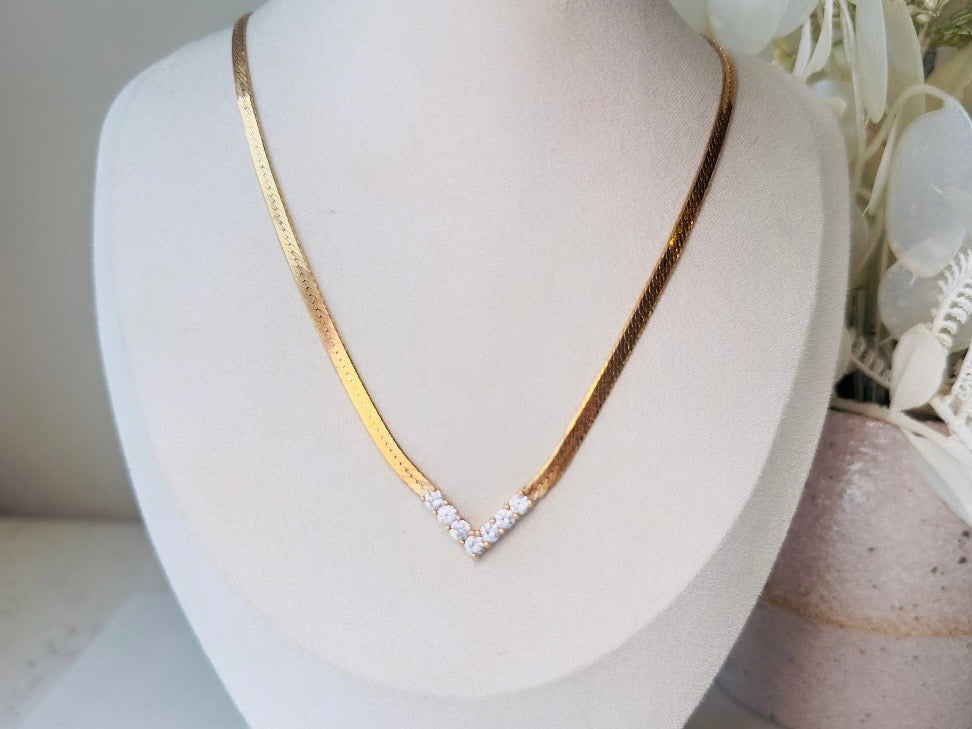 Vintage Gold Herringbone Chain Necklace with Rhinestone Chevron Bar Pendant