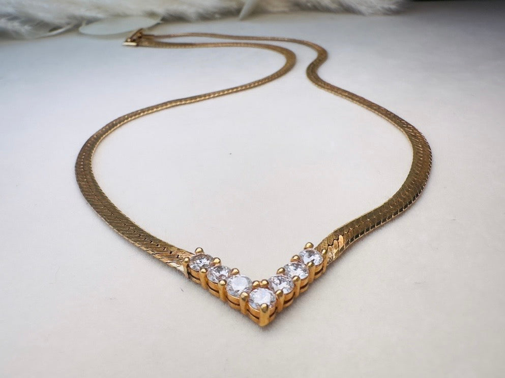Vintage Gold Herringbone Chain Necklace with Rhinestone Chevron Bar Pendant