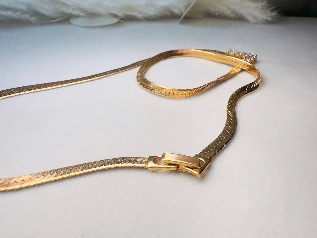 Vintage Gold Herringbone Chain Necklace with Rhinestone Chevron Bar Pendant