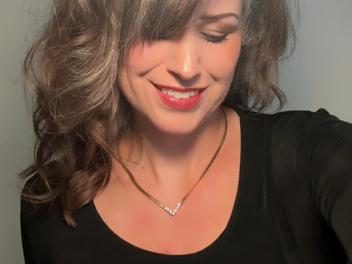 Vintage Gold Herringbone Chain Necklace with Rhinestone Chevron Bar Pendant