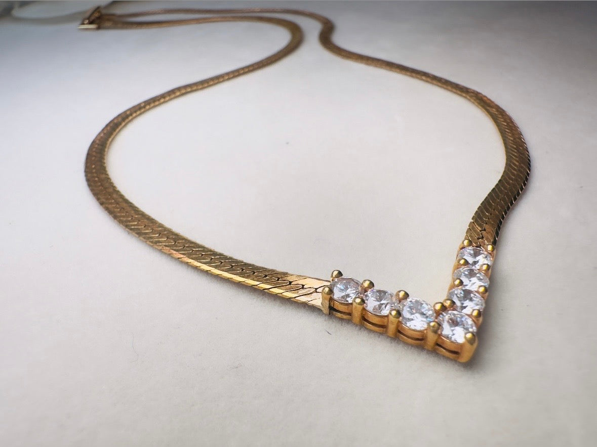 Vintage Gold Herringbone Chain Necklace with Rhinestone Chevron Bar Pendant