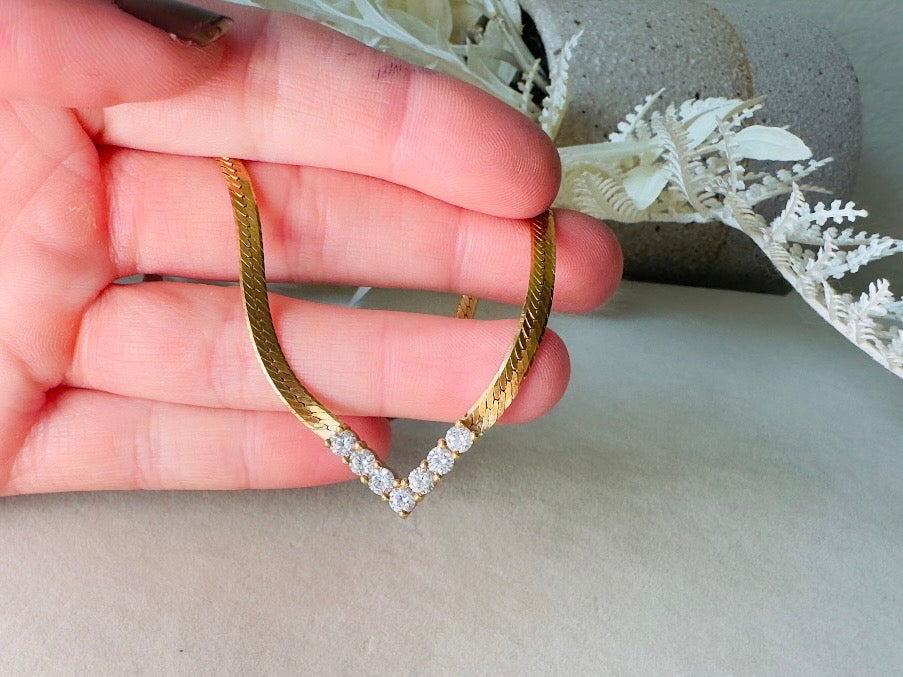 Vintage Gold Herringbone Chain Necklace with Rhinestone Chevron Bar Pendant