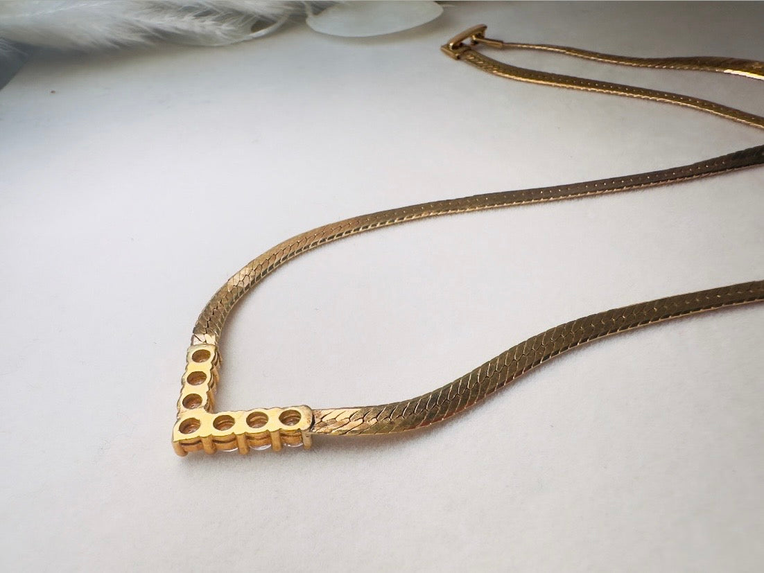 Vintage Gold Herringbone Chain Necklace with Rhinestone Chevron Bar Pendant