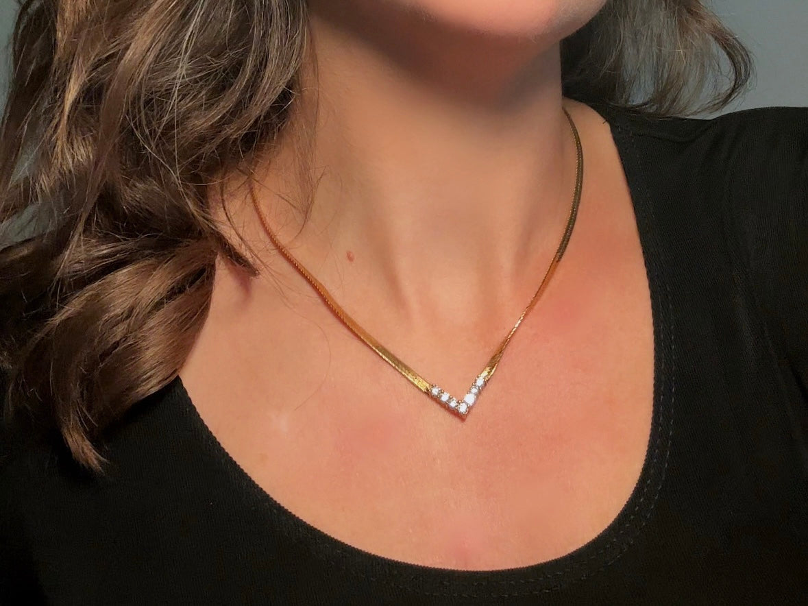 Vintage Gold Herringbone Chain Necklace with Rhinestone Chevron Bar Pendant