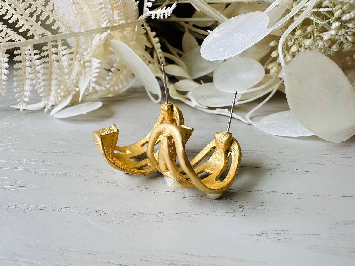 Vintage Gold Hoops, Matte Gold Faux Pearl Earrings, Curved Etruscan Pearl Earrings, Pierced Half Hoop Earrings posts
