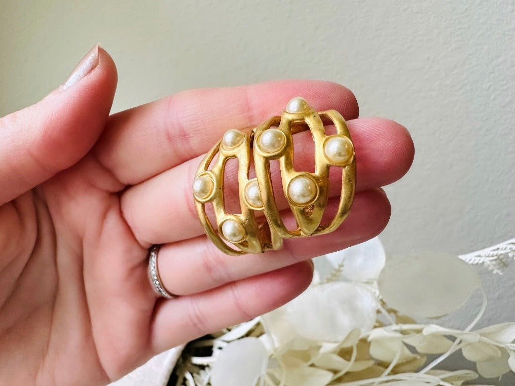 Vintage Gold Hoops, Matte Gold Faux Pearl Earrings, Curved Etruscan Pearl Earrings, Pierced Half Hoop Earrings held in hand