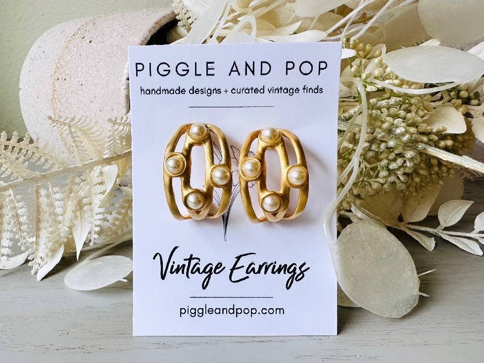 Vintage Gold Hoops, Matte Gold Faux Pearl Earrings, Curved Etruscan Pearl Earrings, Pierced Half Hoop Earrings on handmade cards