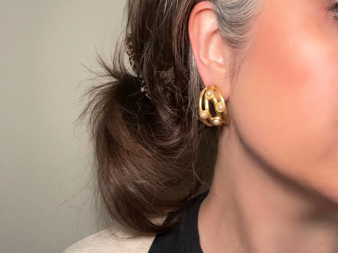 Vintage Gold Hoops, Matte Gold Faux Pearl Earrings, Curved Etruscan Pearl Earrings, Pierced Half Hoop Earrings modeled