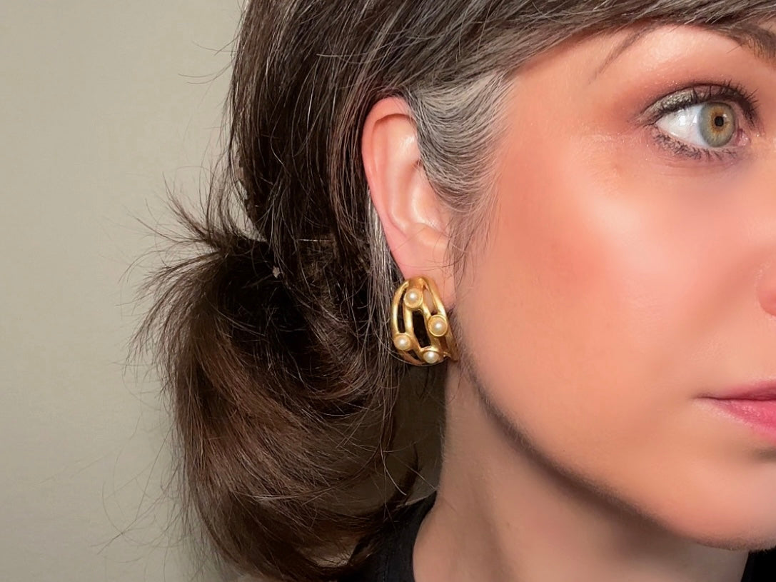 Vintage Gold Hoops, Matte Gold Faux Pearl Earrings, Curved Etruscan Pearl Earrings, Pierced Half Hoop Earrings size reference