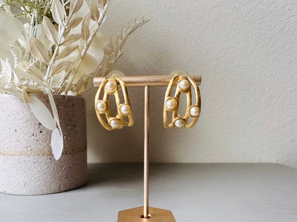 Vintage Gold Hoops, Matte Gold Faux Pearl Earrings, Curved Etruscan Pearl Earrings, Pierced Half Hoop Earrings, Gifts for Her