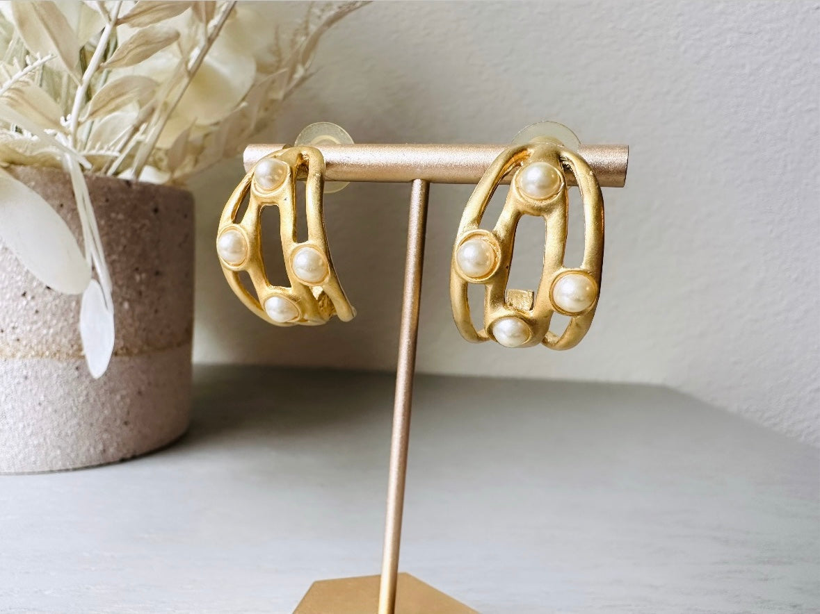 Vintage Gold Hoops, Matte Gold Faux Pearl Earrings, Curved Etruscan Pearl Earrings, Pierced Half Hoop Earrings, Gifts for Her 1