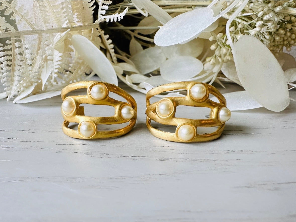Vintage Gold Hoops, Matte Gold Faux Pearl Earrings, Curved Etruscan Pearl Earrings, Pierced Half Hoop Earrings close up